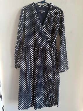 Kayce Hughes Girls 12 Fine Corduroy Navy Blue Polka Dot Ruffle Wrap Dress 100% C